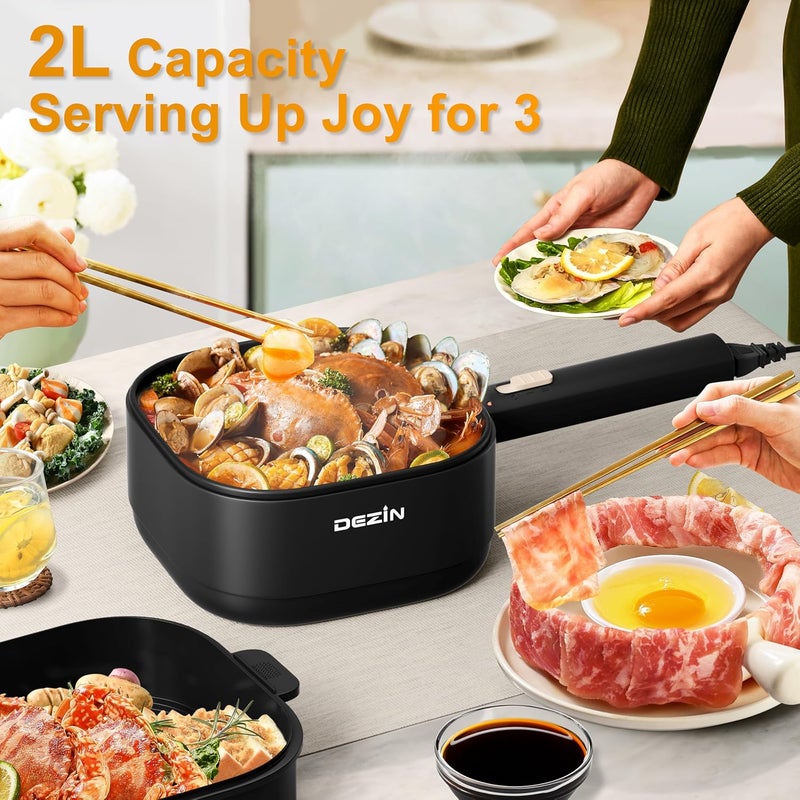 DEZIN 2L Electric Hot Pot with Steamer, Rapid 800W Non-Stick Ceramic Coating Dorm Cooking Pot, Plug in Electric Pan Cooker with Adjustable Power for College Hotel Office(Silicone Spatula Included) - Image 3